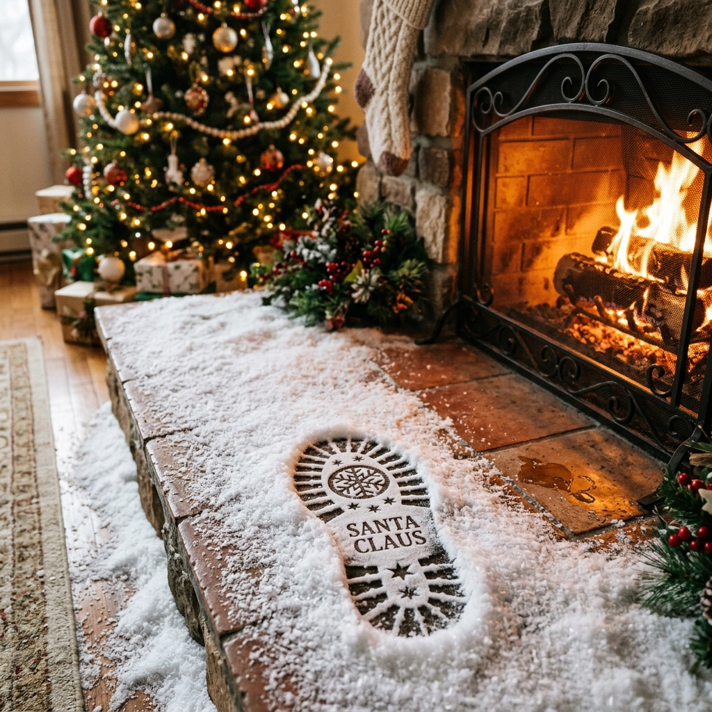 Santa's Snowy Footprints on Living Room Carpet